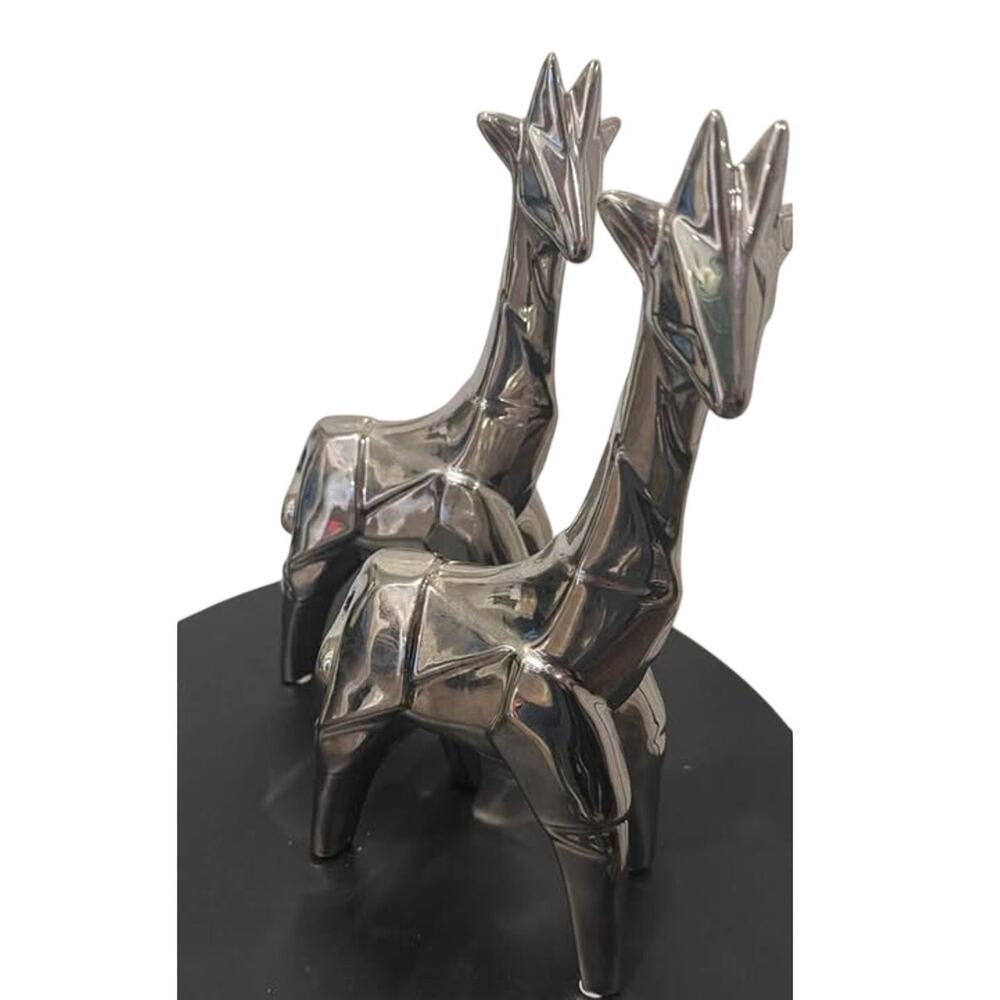 Pair of Modern Silver Geometric Giraffe Figurines 12”